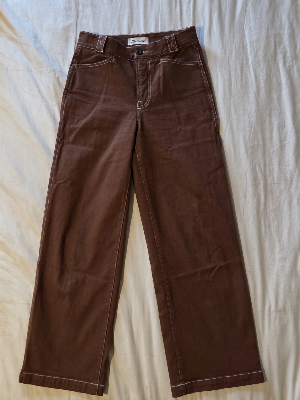 Women's Madewell Emmett Wide Leg Pants P24 Brown Contrast Stitch Petite